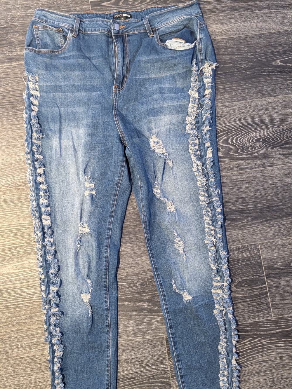Fashion Nova Blue Ruffled Side Distressed Straight Leg Jeans